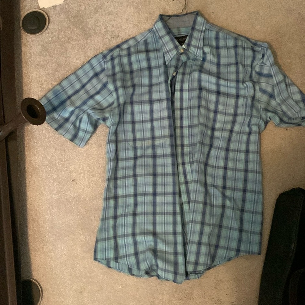 Black and blue check button-down shirt with yellow highlights by Van Heiden